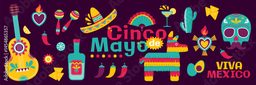 Cinco de Mayo Illustration with Mexican Symbols — Maracas, Piñata, Sombrero, and Festive Elements