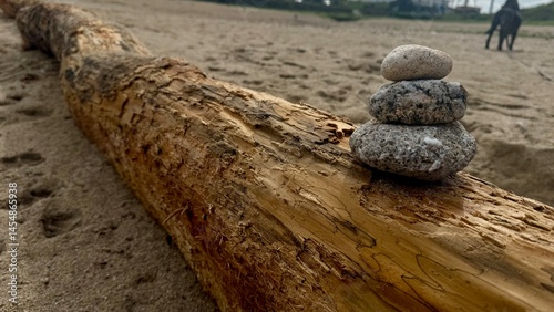 Piedras apiladas sobre tronco de madera