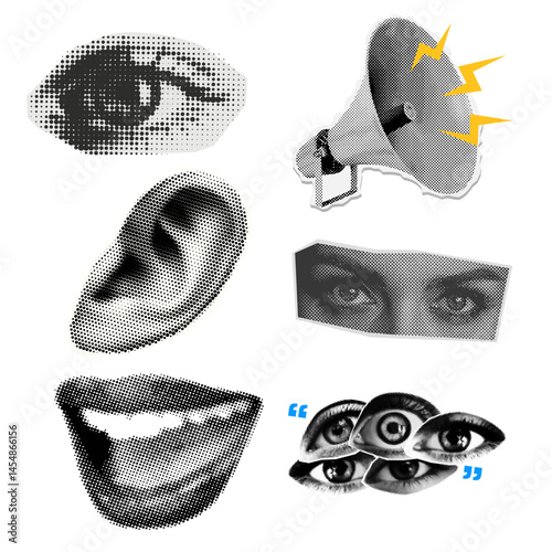 collage of various eyes, mouths, and ears in black and white