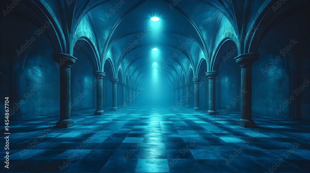 Obraz premium Gothic hall with pointed arches illuminated at night