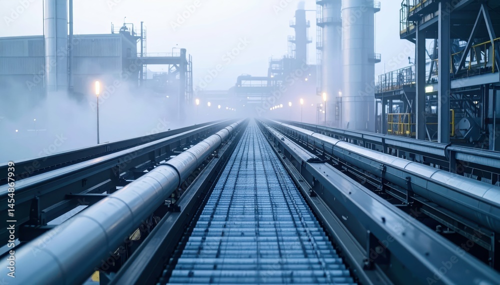 Fototapeta premium Industrial Landscape with Pipes and Fog at an Oil Refinery