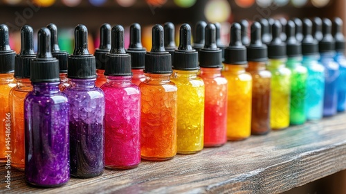 Colorful dropper bottles with shimmering pigments