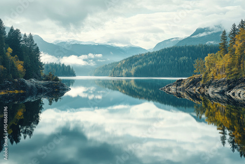breathtaking view of serene canadian lake surrounded by majestic mountains and lush forests.