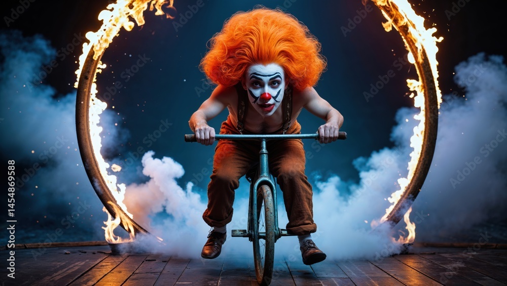 Obraz premium A young Caucasian clown with vibrant orange hair rides a unicycle through a fiery ring, creating a dramatic and captivating scene.