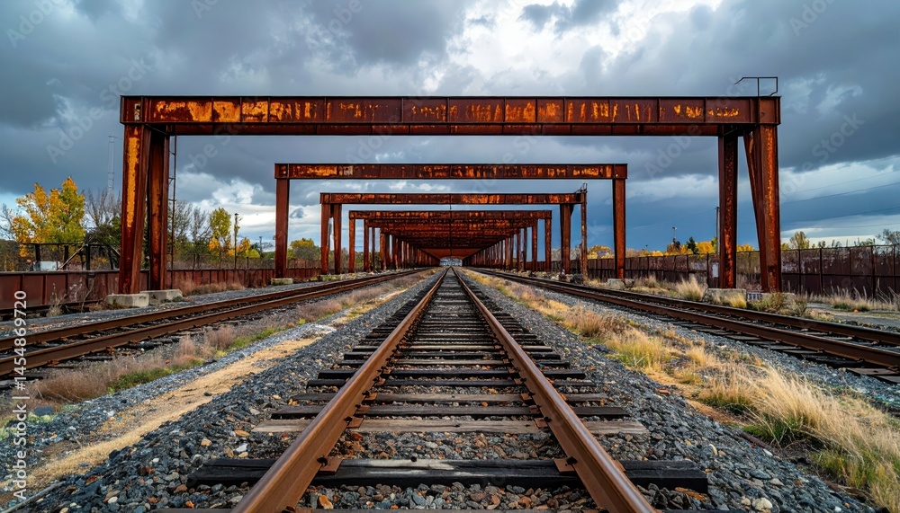 Fototapeta premium Rusty Industrial Railway Bridge with Dramatic Cloudy Sky View