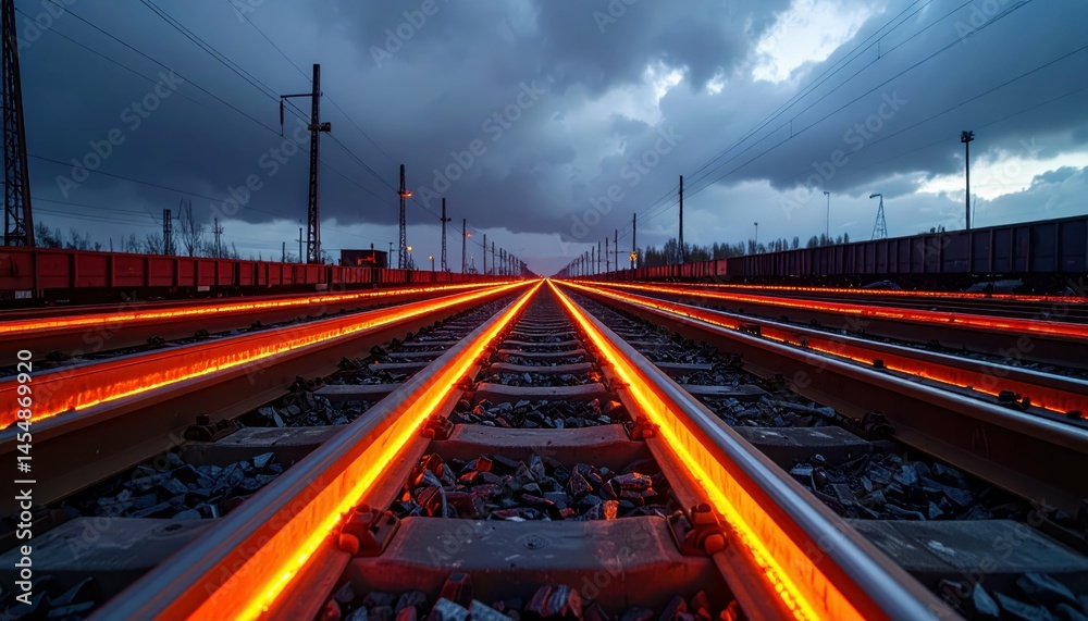 Fototapeta premium Glowing Train Tracks Under Dramatic Cloudy Sky at Dusk