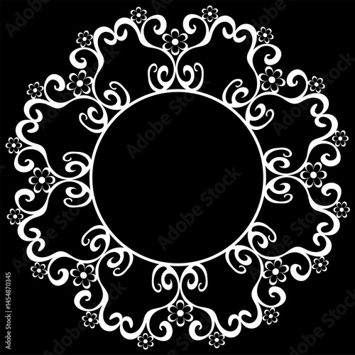 Round white frame on a black background framed with a beautiful pattern with flowers