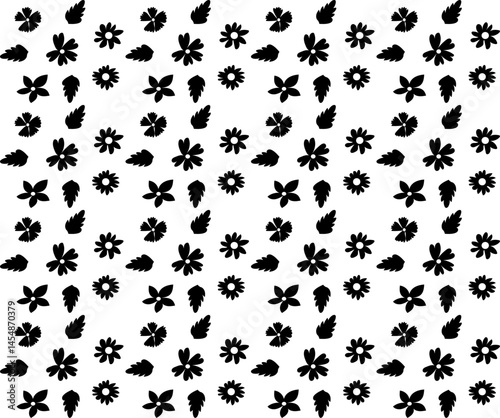 Seamless floral pattern in black on white background drawn in doodle style
