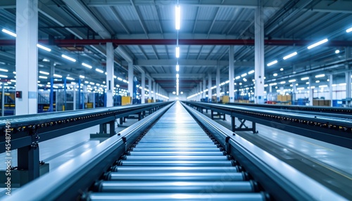 Industrial Conveyor System in Modern Warehouse with Bright Lighting
