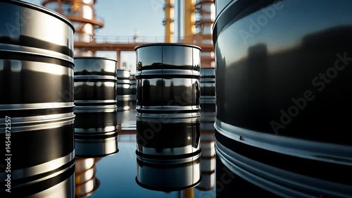 Closeup of black oil barrels reflecting sunlight in an industrial refinery setting with metallic structures and pipelines in the background

