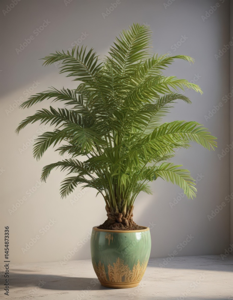 Fototapeta premium Lush golden cane palm in elegant ceramic pot, vibrant green foliage , container, greenery, background