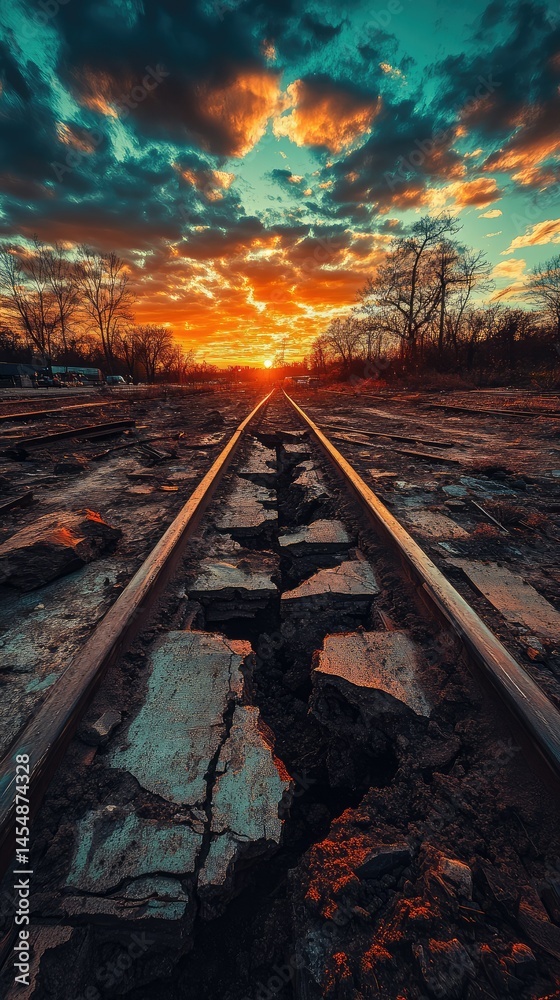 Naklejka premium Abandoned train tracks at sunset. Dramatic clouds and vibrant colors meet the cracked railroad bed, creating a sense of desolation and vastness