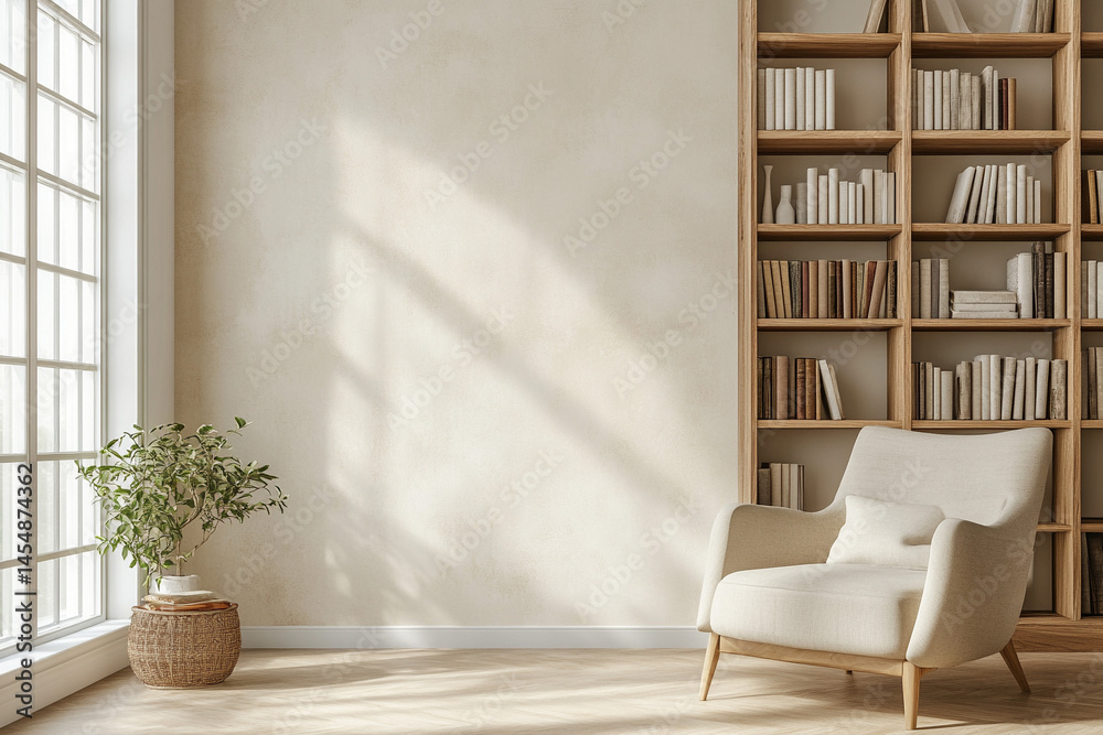 Fototapeta premium Serene Reading Nook Minimalist Home Library Design with Comfortable Armchair and Natural Light