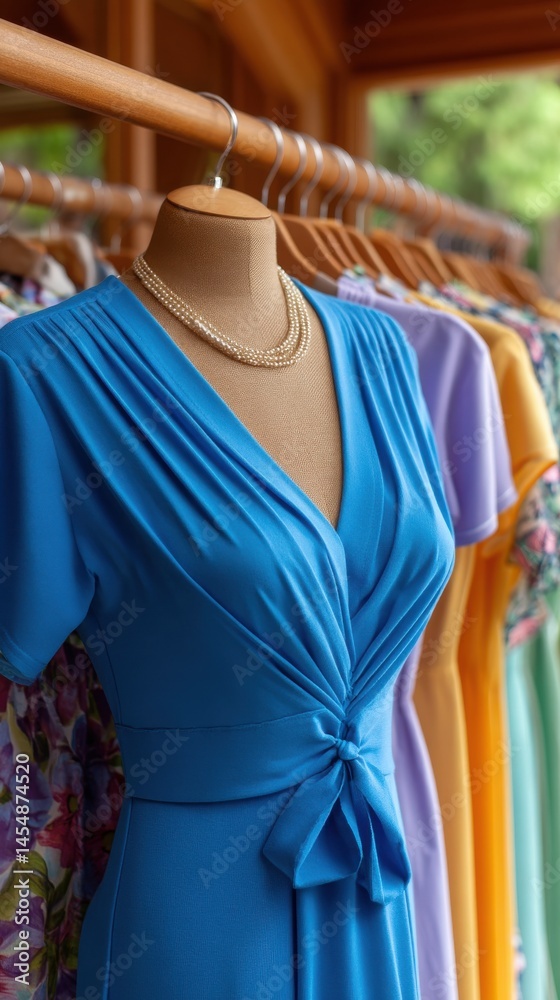 Fototapeta premium Elegant blue dress displayed on a mannequin with a pearl necklace on a rack with other colorful dresses.