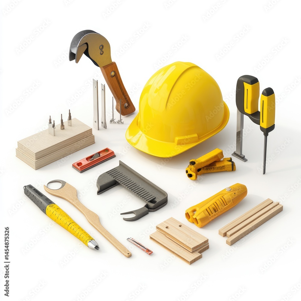 Construction tools and materials displayed on a white background. Construction tools and materials displayed on a white background.