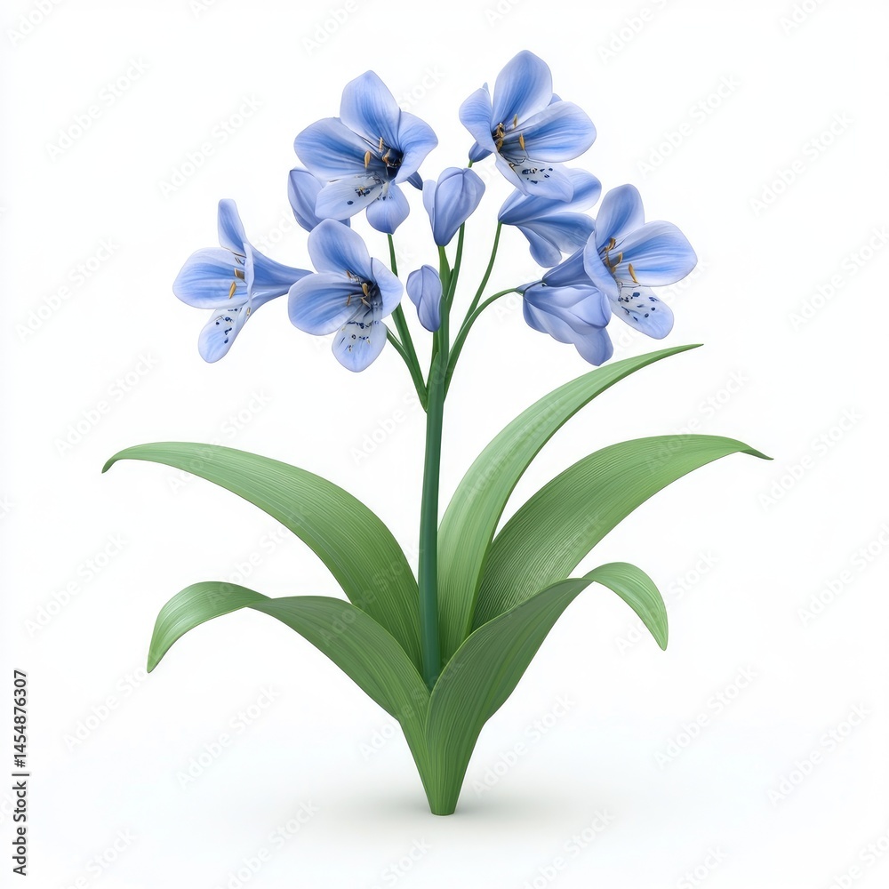 Fototapeta premium Vibrant light-blue flowers with speckled petals and lush foliage.
