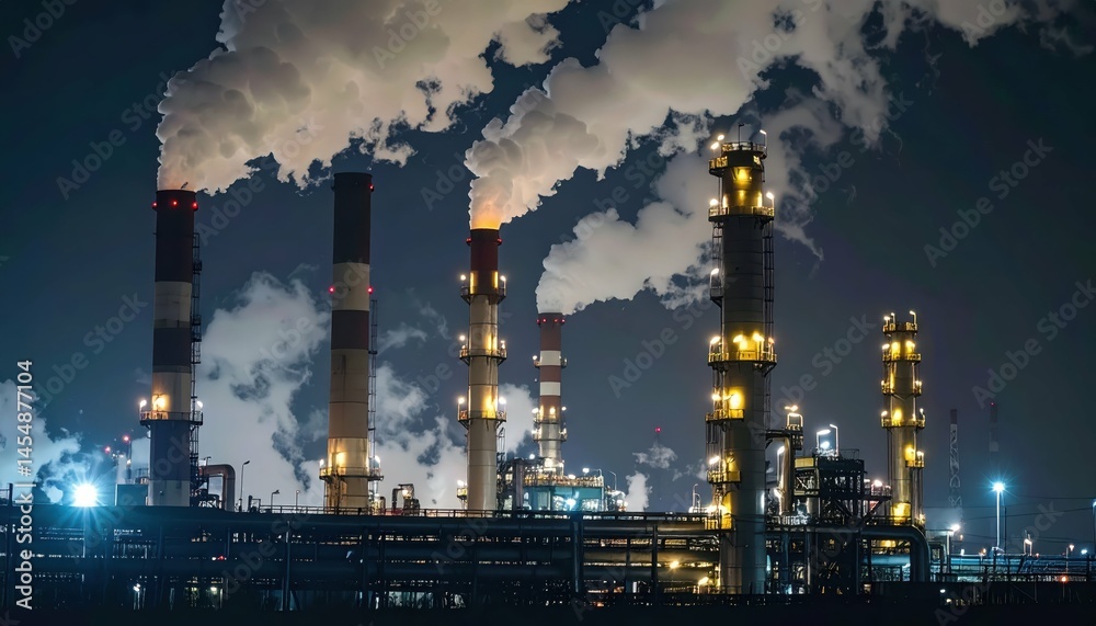 Fototapeta premium Nighttime Industrial Landscape with Smokestacks and Emissions