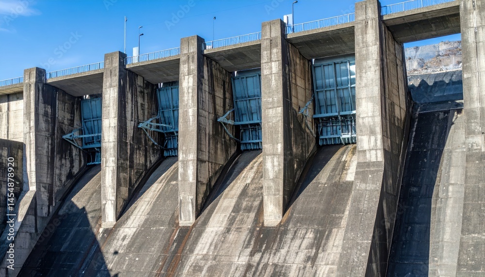 Modern Concrete Dam Structure with Water Release Gates in Sunlight Modern Concrete Dam Structure with Water Release Gates in Sunlight