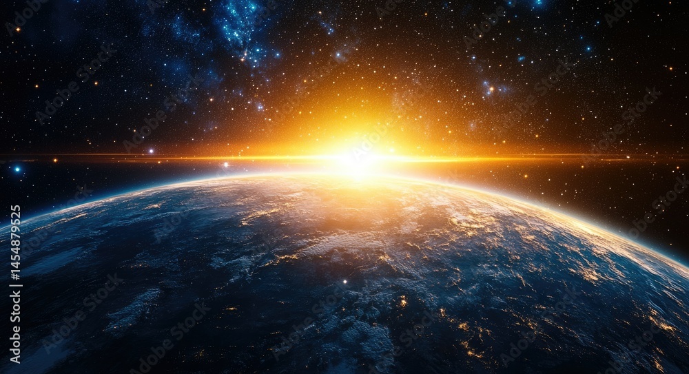 Cosmic Dawn: 3D Visualization of Earth with Radiant Sunrise and Stellar Glow in the Cosmic Void Cosmic Dawn: 3D Visualization of Earth with Radiant Sunrise and Stellar Glow in the Cosmic Void