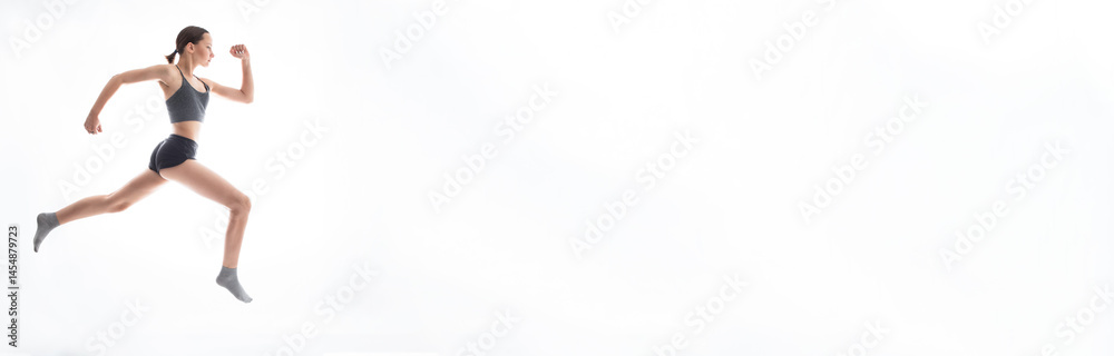 Banner with teen beautiful girl athlete running against white background
