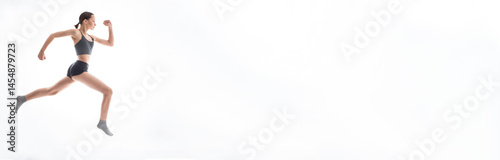 Obraz na płótnie Banner with teen beautiful girl athlete running against white background w salonie