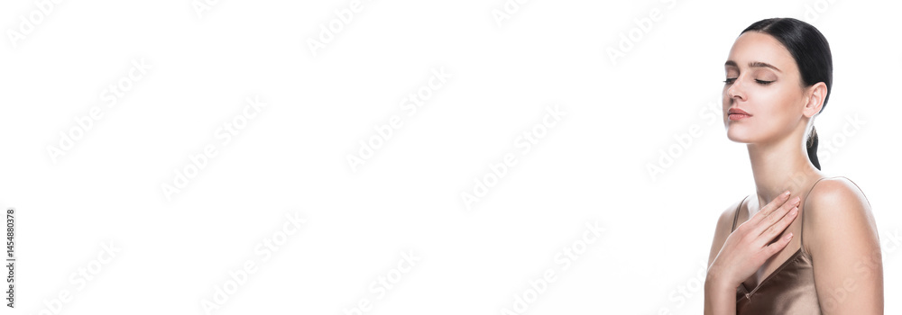 Banner with beauty portrait of young beautiful woman with closed eyes against white background.