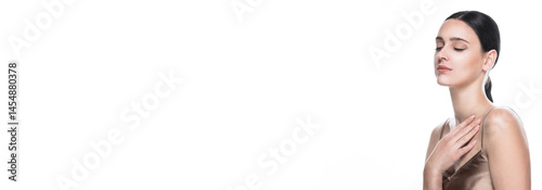 Obraz na płótnie Banner with beauty portrait of young beautiful woman with closed eyes against white background. w salonie