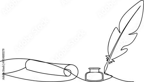Minimalist continuous line drawing of quill pen, feather, scroll, and inkwell in black and white, vintage calligraphy concept illustration


