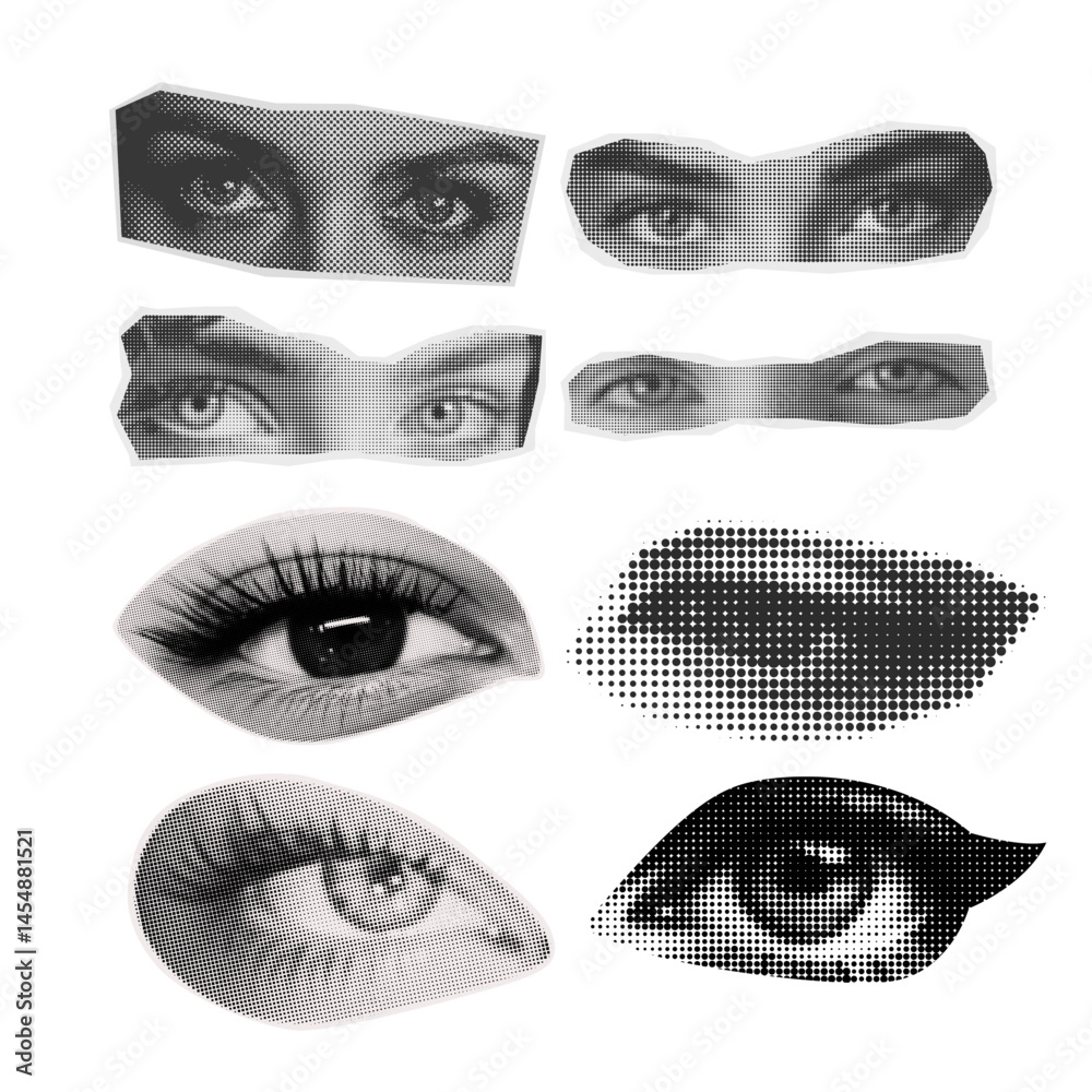 Collage eyes set with halftone effect. Closed and open eyes with different looks. Cutout halftone collage elements for banner, poster and social media. Transparent background. Vector.