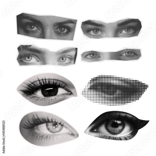 Collage eyes set with halftone effect. Closed and open eyes with different looks. Cutout halftone collage elements for banner, poster and social media. Transparent background. Vector.