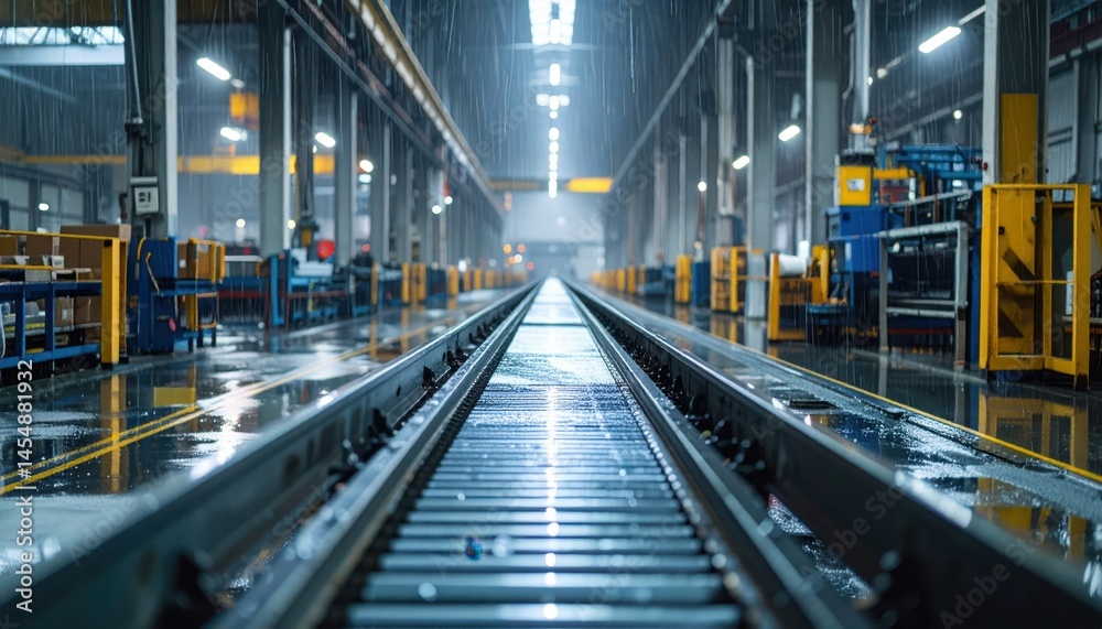 Fototapeta premium Rainy Day in Industrial Warehouse with Rails and Equipment in View