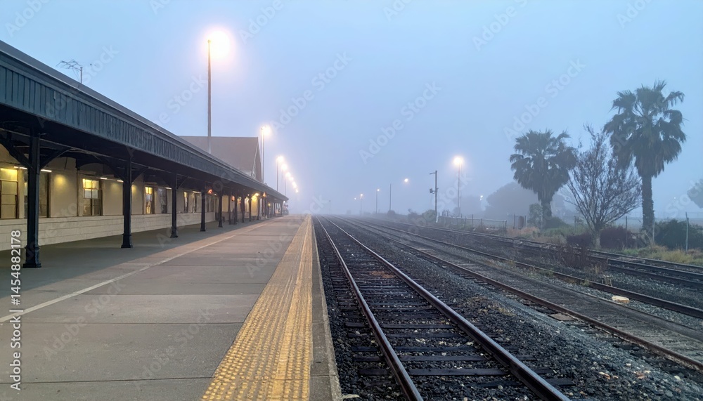 Fototapeta premium Foggy Train Station Platform with Tracks and Street Lights at Dawn