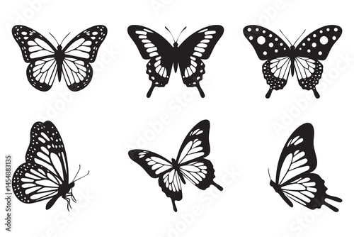 Set of six black and white butterfly silhouettes with detailed wing patterns in various styles and angles

