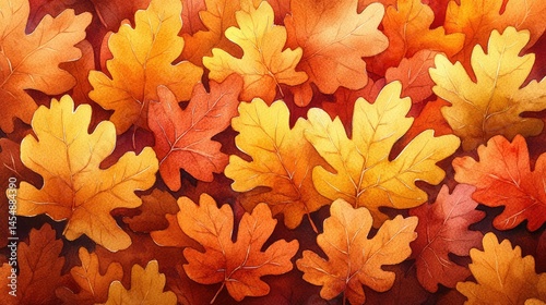 Autumn leaves carpet. A vibrant tapestry of fall foliage in warm hues of orange and red.  Detailed illustrations of various leaf types create a rich, textured backdrop