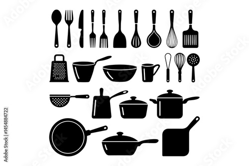 Collection of various kitchen utensils and cookware in black silhouette