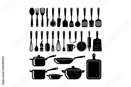 Collection of various kitchen utensils and cookware in black silhouette
