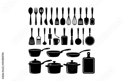 Collection of various kitchen utensils and cookware in black silhouette