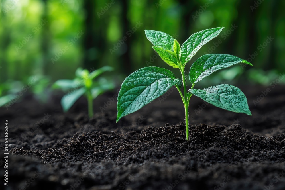 Fototapeta premium A small green plant growing in rich dark fertile soil