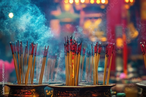 Serene Moments: Incense Sticks in a Vibrant Asian Temple Amidst a Colorful Crowd