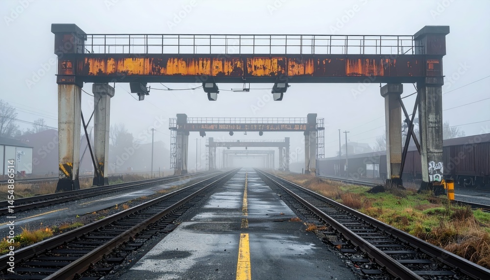 Fototapeta premium Foggy Railway Yard with Rusty Cranes and Abandoned Tracks
