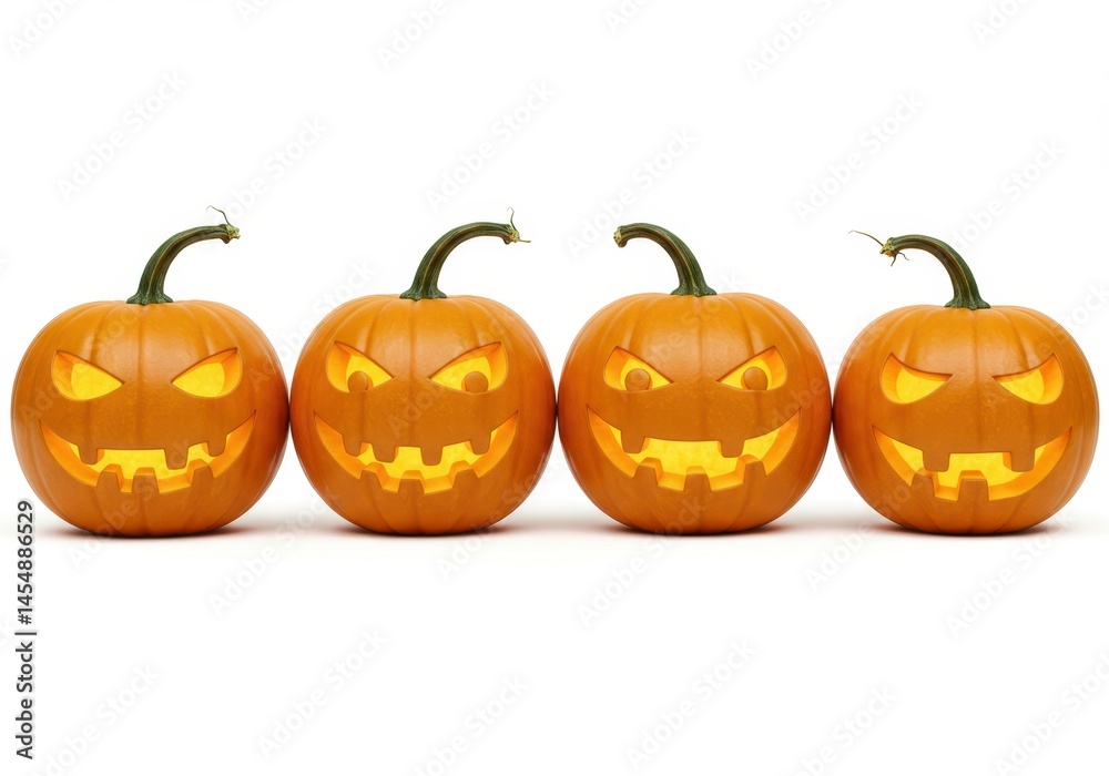 Four jack olanterns with carved faces sitting in a row on a white surface Four jack olanterns with carved faces sitting in a row on a white surface