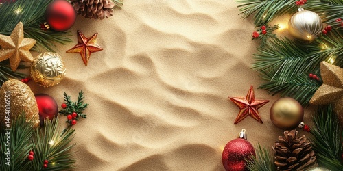Tropical Holiday Greetings: Festive December Card with Sand and Baubles in a Cheerful Arrangement