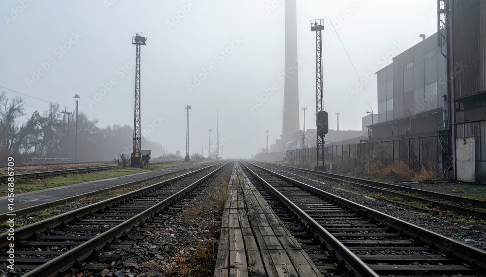 Fototapeta premium Foggy Rail Tracks in Industrial Area with Tall Smokestack View