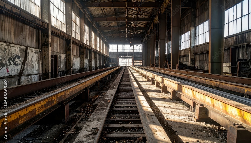 Abandoned Industrial Warehouse with Empty Train Tracks and Windows Abandoned Industrial Warehouse with Empty Train Tracks and Windows