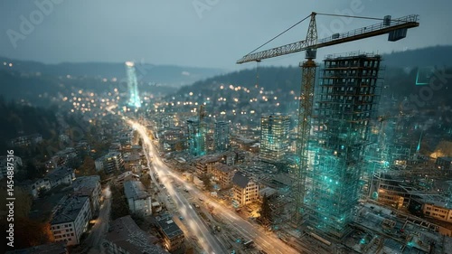Aerial view of a city at twilight, with a futuristic skyscraper under construction.  A crane dominates the scene, while city lights illuminate the cityscape