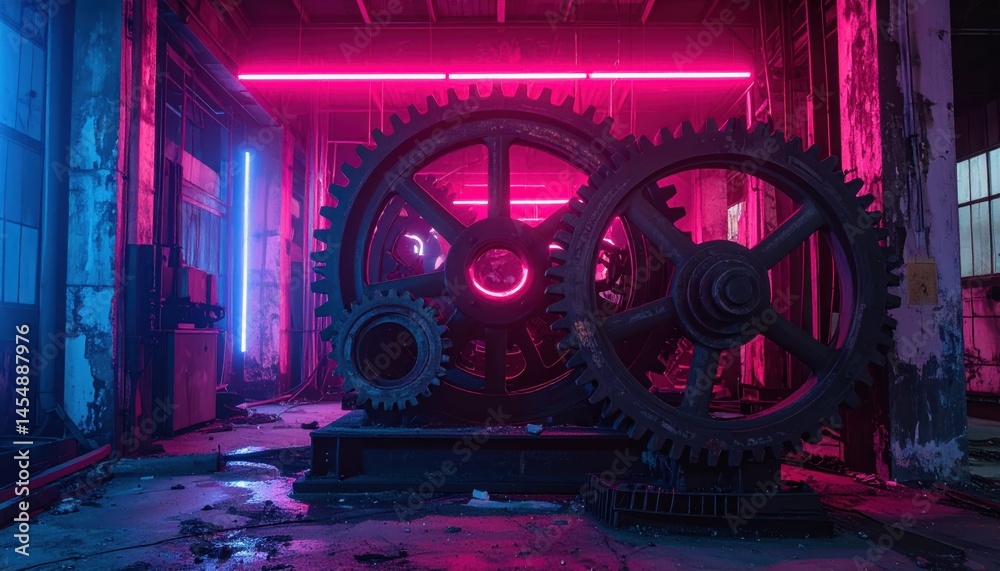 Fototapeta premium Industrial Gears in Neon Light, Abstract Urban Environment