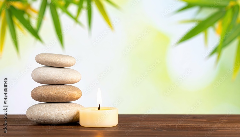 Tranquil Scene with Stacked Stones and Candle in Relaxing Atmosphere Tranquil Scene with Stacked Stones and Candle in Relaxing Atmosphere