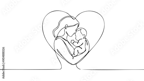 Mother holds baby inside heart. Simple lines create woman and child illustration. Motherhood designs parenting blogs family posters. Minimalist line art style with clean white background