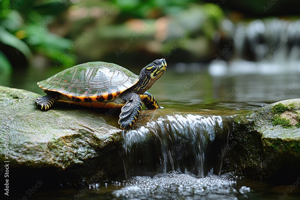 Fototapeta premium A small turtle resting beside a peaceful flowing waterfall
