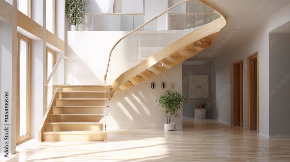 Modern Staircase in Bright Space with Light Wood Details Modern Staircase in Bright Space with Light Wood Details